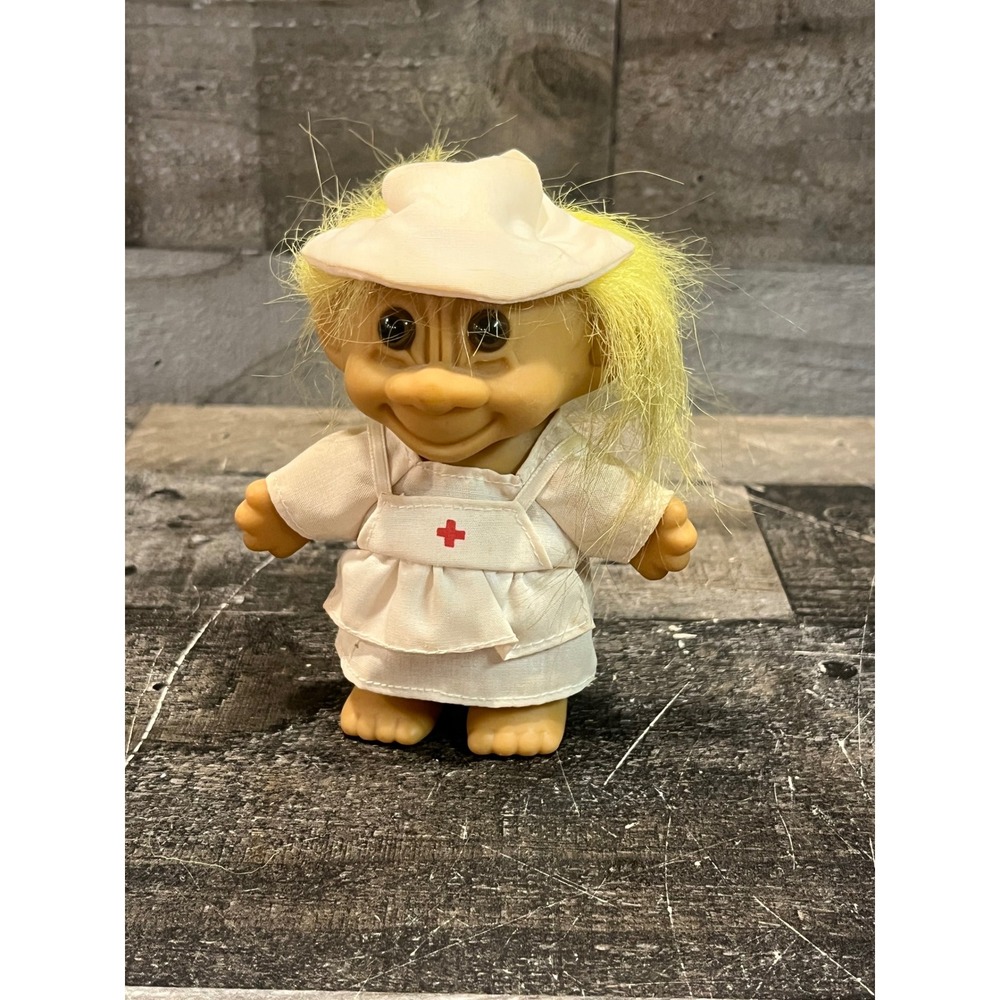 Vintage Russ Berrie Nurse Troll Doll Yellow Hair White Uniform Red Cross 3 Inch